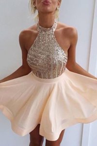 Halter Top Peach Chiffon Backless Prom Party Dress Sleeveless Mini Length Beading