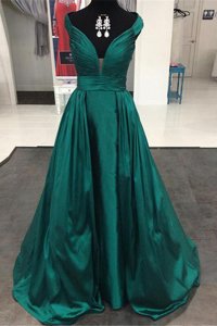 Dazzling Off the Shoulder Satin Sleeveless Prom Dresses Sweep Train and Pleated