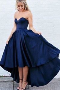 Navy Blue A-line Satin Sweetheart Sleeveless Pleated High Low Zipper Prom Party Dress