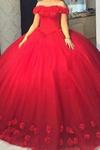 Simple Off the Shoulder Red Short Sleeves Tulle Lace Up Prom Evening Gown for Prom