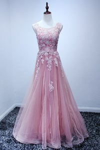 Fancy Tulle Scoop Sleeveless Lace Up Appliques Evening Dress in Pink