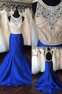 Traditional Royal Blue Mermaid Lace Prom Party Dress Zipper Satin Long Sleeves