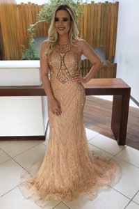 Mermaid Scoop Sleeveless Prom Evening Gown With Train Sweep Train Beading Champagne Lace