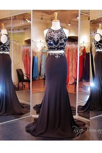 Scoop With Train Black Dress for Prom Elastic Woven Satin Brush Train Sleeveless Beading and Appliques