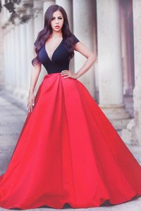 Red And Black Short Sleeves Satin Sweep Train Zipper Homecoming Dress for Prom