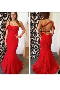 Glamorous Mermaid Prom Dresses Red One Shoulder Chiffon Sleeveless Floor Length Criss Cross