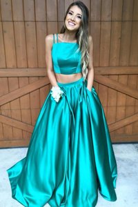 Delicate Green Zipper Spaghetti Straps Ruching Prom Evening Gown Satin Sleeveless Sweep Train