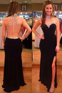 Halter Top Beading Prom Dresses Black Zipper Sleeveless Floor Length