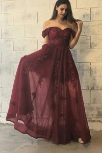 Off the Shoulder Short Sleeves Floor Length Appliques Zipper Homecoming Dress with Burgundy