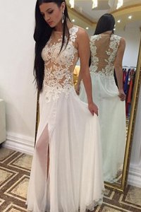 Gorgeous Scoop Beading and Appliques Prom Dresses White Side Zipper Sleeveless Floor Length