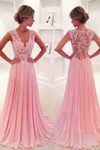 Classical Pink Side Zipper V-neck Lace Prom Evening Gown Chiffon Sleeveless Sweep Train
