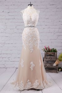 Delicate Sweep Train Mermaid Prom Dress Champagne Scoop Tulle Sleeveless With Train Backless