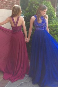 Custom Made Scoop Chiffon Sleeveless With Train Prom Evening Gown Sweep Train and Beading