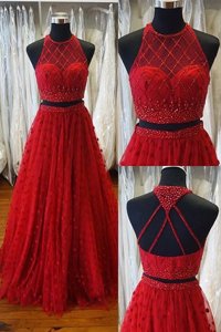 Red Backless V-neck Beading Prom Dresses Chiffon Sleeveless