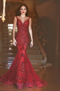 Mermaid Spaghetti Straps Sleeveless Prom Party Dress With Train Sweep Train Appliques and Sequins Red Tulle