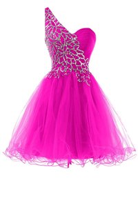 Top Selling Fuchsia A-line Organza One Shoulder Sleeveless Beading Mini Length Zipper Prom Party Dress