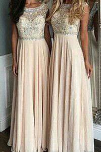 Comfortable Cap Sleeves Floor Length Beading Side Zipper Prom Gown with Champagne