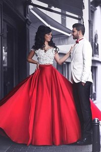 New Style Red Elastic Woven Satin Zipper Off The Shoulder Short Sleeves Floor Length Prom Dresses Appliques