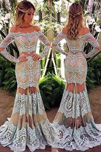 Mermaid Off the Shoulder White Lace Zipper Prom Party Dress Long Sleeves Floor Length Lace