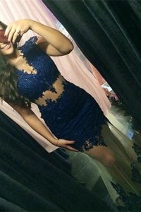 Fabulous Mermaid Scoop Beading and Lace Prom Evening Gown Navy Blue Zipper Cap Sleeves Sweep Train