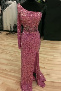 Sweet Mermaid One Shoulder Lilac Long Sleeves Sweep Train Sequins Prom Party Dress