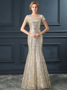 Excellent Mermaid Scoop Floor Length Silver Prom Dress Satin Short Sleeves Sequins and Belt