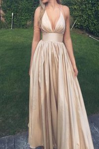 Halter Top Sleeveless Floor Length Ruching Zipper Prom Dress with Champagne