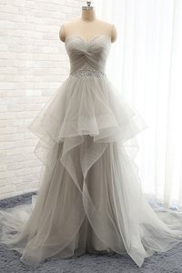Super Sleeveless Tulle Court Train Lace Up Prom Party Dress in Grey for with Beading