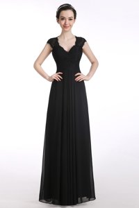 Cute Black Chiffon Zipper V-neck Cap Sleeves Floor Length Dress for Prom Lace