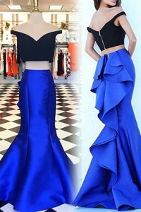 Hot Selling Mermaid Satin Off The Shoulder Short Sleeves Sweep Train Zipper Ruffles Prom Party Dress in Royal Blue