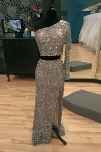 Cheap One Shoulder With Train Silver Dress for Prom Sequined Sweep Train Long Sleeves Beading