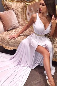 Stylish White Satin and Elastic Woven Satin Zipper Dress for Prom Sleeveless Court Train Beading and Ruching