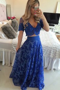 Royal Blue A-line V-neck Short Sleeves Chiffon Sweep Train Zipper Lace and Appliques Dress for Prom