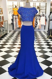 Suitable Royal Blue Prom Gown Prom and For with Beading Bateau Short Sleeves Sweep Train Zipper