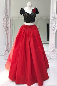 Clearance V-neck Short Sleeves Prom Gown Floor Length Beading and Ruffles Red Organza