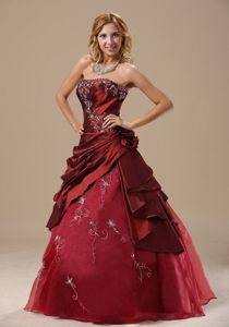 Wine Red Strapless Quinceanera Gown with Embroidery and Ruches