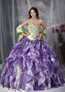 Yellow Green and Lavender Quinceanera Gown with Beading and Ruffles