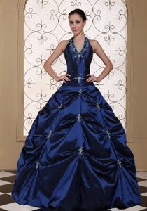 Navy Blue Halter Quinces Dresses with Appliques and Pick ups