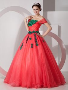 Appliqued Off Shoulder Organza Quinces Dresses in Coral Red 2014