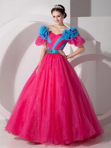 Flowery Hot Pink Off Shoulder Quinces Dresses with Short Sleeves