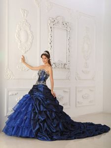 Appliqued and Ruffled Navy Blue Quinceanera Dresses with Train
