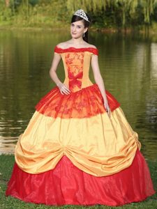 Yellow and Red Off Shoulder Dress for Quinceanera with Embroidery