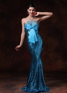 Blue Mermaid Bow Prom Homecoming Dress with Paillette Over Skirt