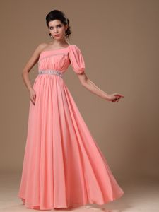 Beaded and Ruched One Shoulder Prom Homecoming Dress in Watermelon