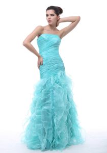 Ruched and Ruffled Prom Homecoming Dress in Aqua Blue Floor Length