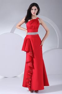 Ruched and Beaded Red One Shoulder Prom Party Dress Ankle Length