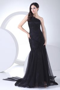 Black Tulle One Shoulder Prom Party Dress with Appliques and Ruches