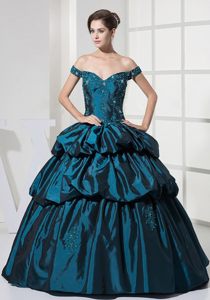 Teal Off Shoulder Prom Party Dress with Appliques and Pick Ups