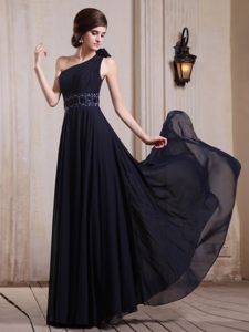 Beading and Flower Accent One Shoulder Navy Blue Prom Party Dress