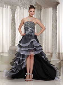 White and Black High-low Prom Graduation Dress with Ruffled Layers